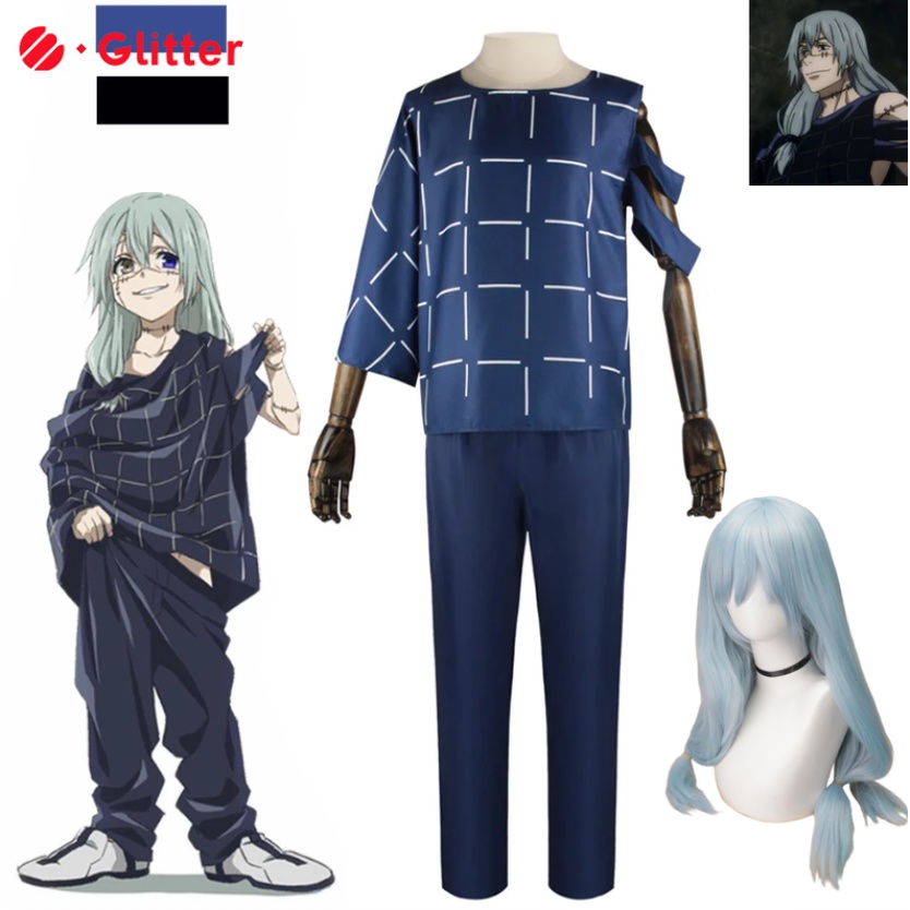 Anime Jujutsu Kaisen Mahito Cosplay For Adult Top Pants Blue Wig Set 