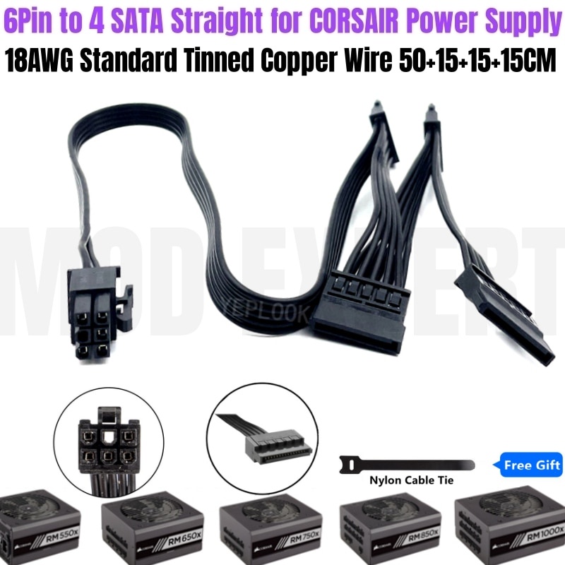 6Pin to 4 SATA Straight HDD SSD Power Cable for CORSAIR RM650x RM750x RM850x RM1000x Modular PSU
