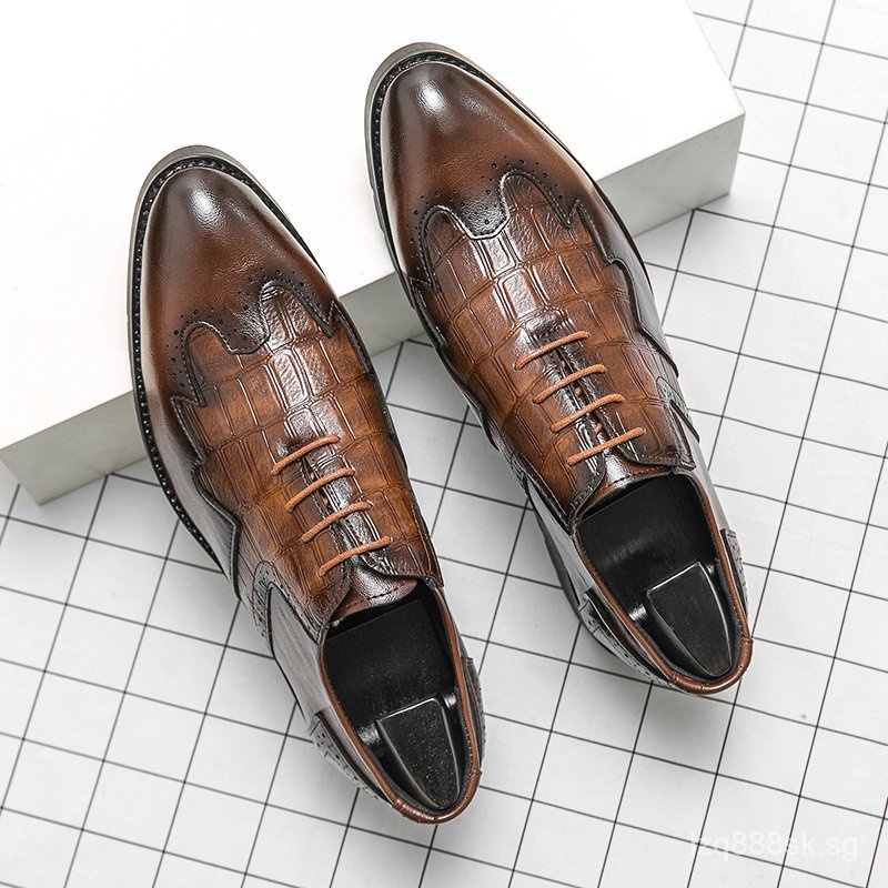 New Fashion Men Oxfords Shoes Genuine Leather Office Laces Up Pointed Toe Brogues Wedding Party