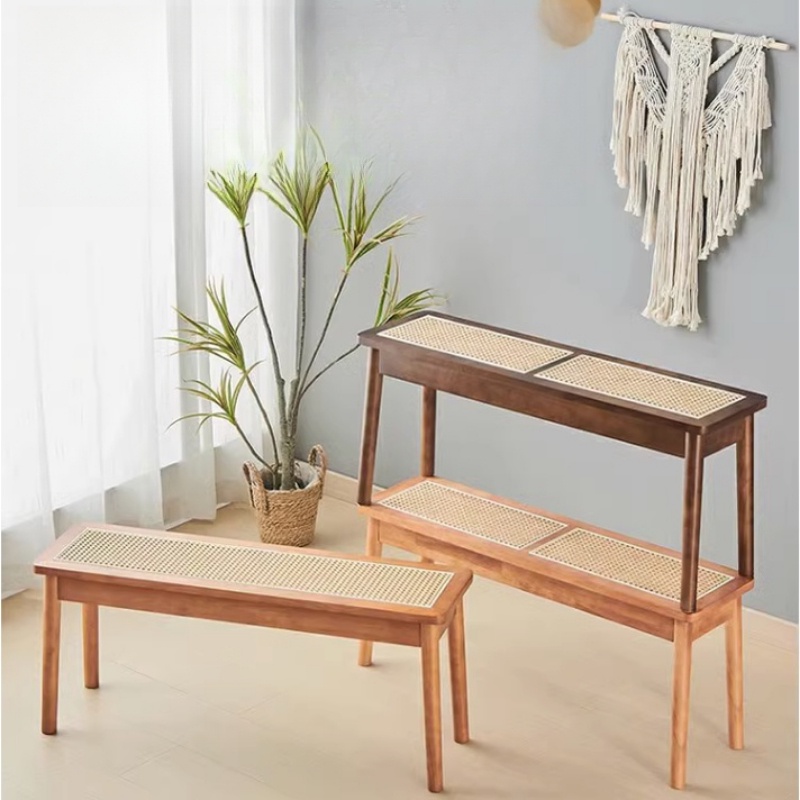 Solid Wood Rattan Bench Bedside Stool Dining Room Bench Entry Shoe