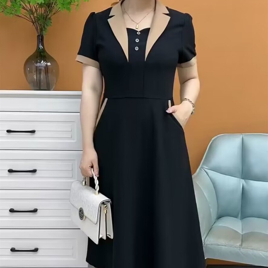 New Women's Fashion Work Dress Women Ladies Elegant Dinner Dress Korean  Style Formal Office Short Sleeve A Line Midi Dress Female | Shopee Singapore