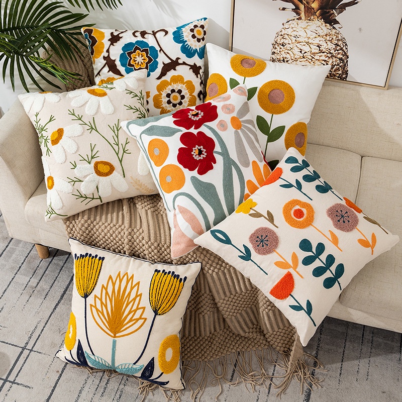 Flower Embroidery Cushion Cover White 45x45cm Sarung Bental Sofa Pillow Case Nordic Sofa Square Cushion Covers Throw Pillow Case