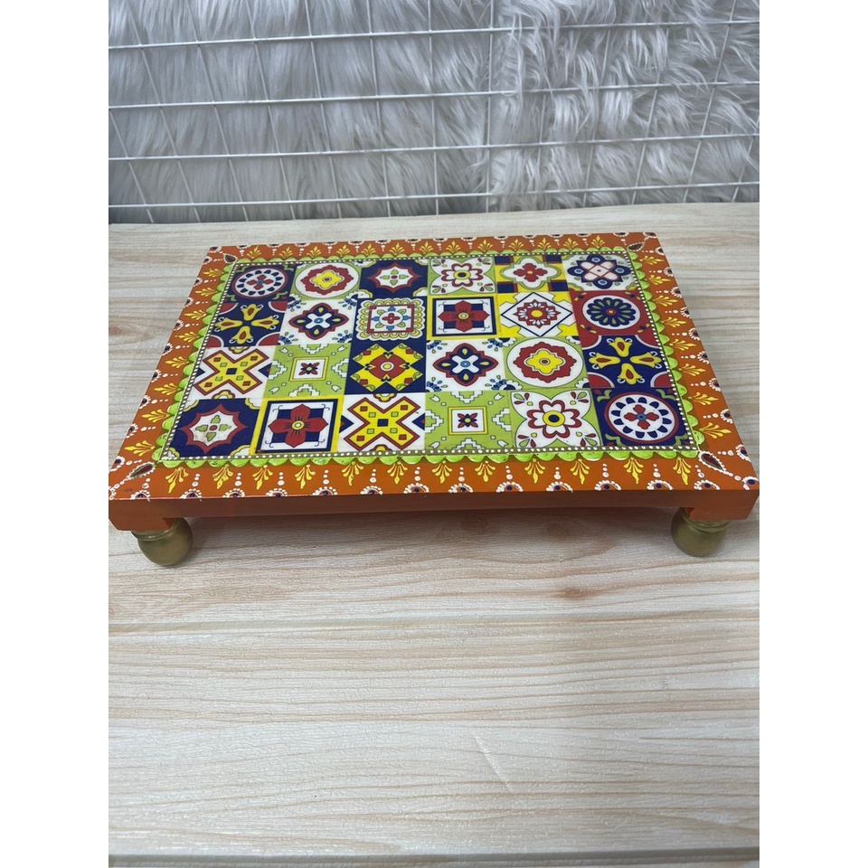 Hand painted wooden prayer stool - Orange color- Rectangle shape ...