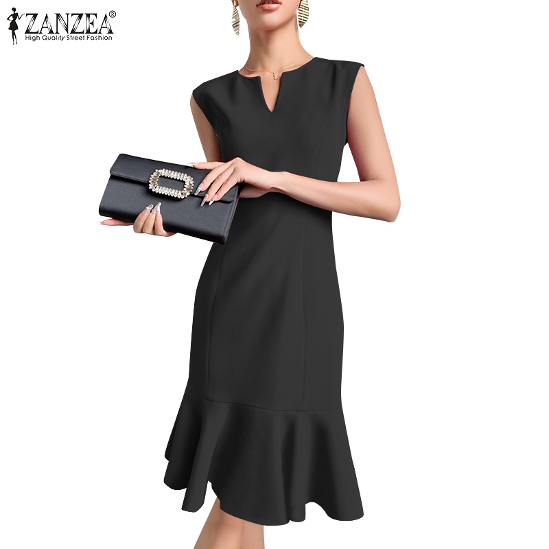 ZANZEA Women Korean Center Back Zipper Ruffled Hem Sleeveless Fishtail ...