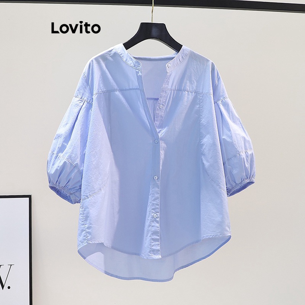 Lovito Casual Plain High Low Button Blouse for Women LNE20085 (Light ...