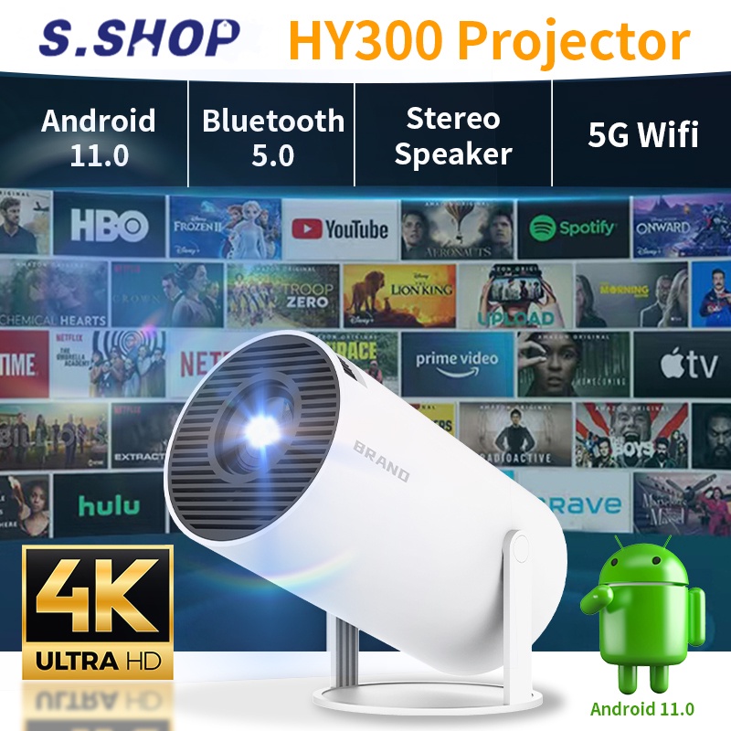 HY300 Portable Smart Android Mini Projector with 5G WIFI 6, Max 4K  Resolution, Bluetooth Video Projectors 