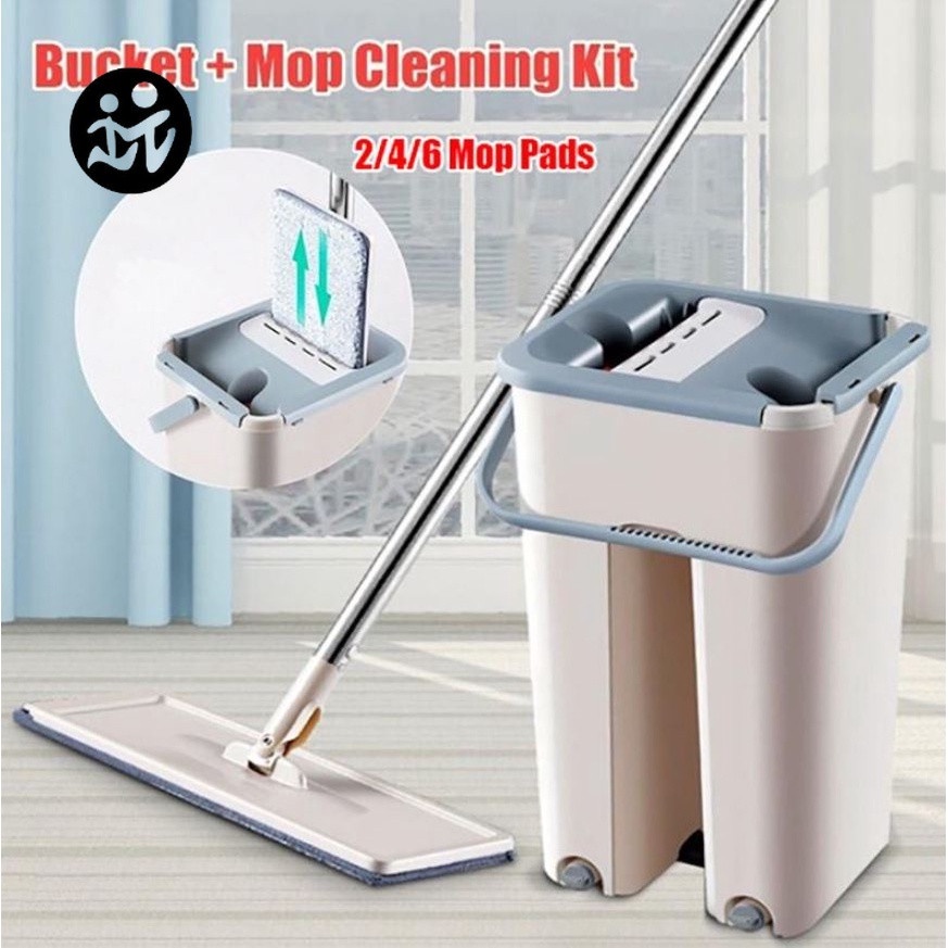 SelfWash Squeeze Wet and Dry Flat Mop Bucket 2 Mop Pads 2 In 1 Mop