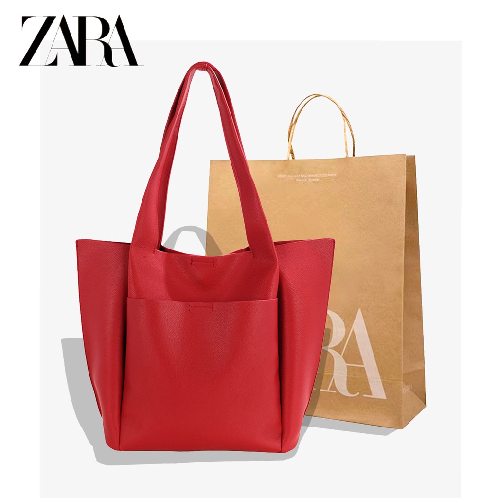 Red leather sales tote handbag