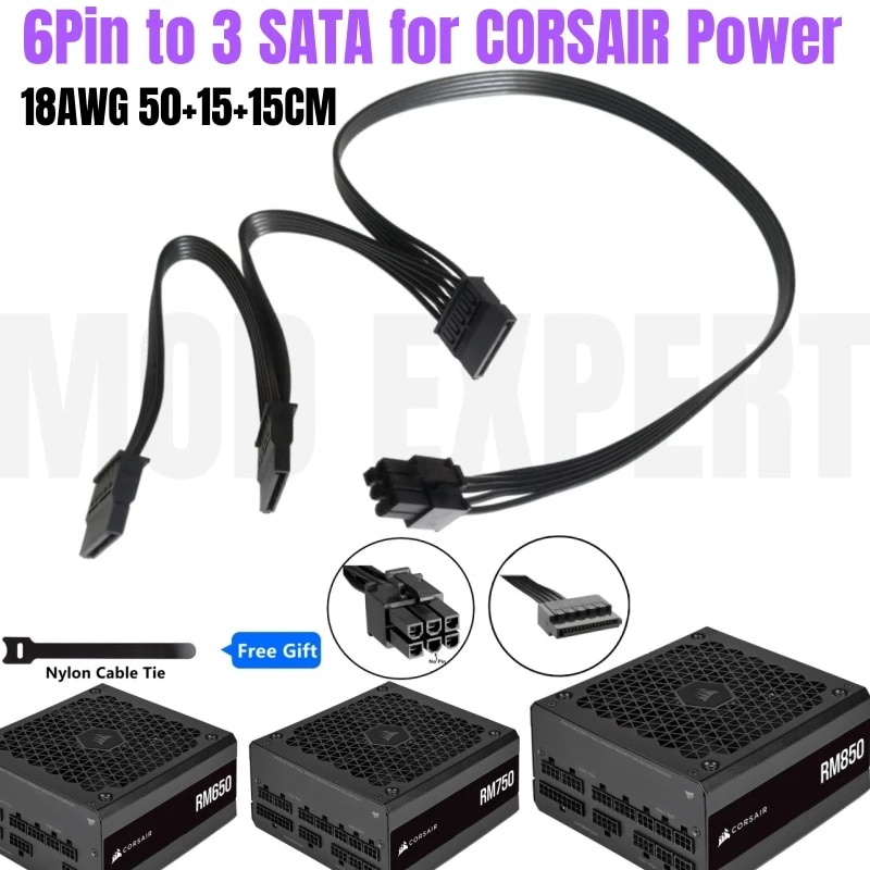6Pin to 3 SATA Male Straight SSD HDD Power Cable 18AWG for CORSAIR