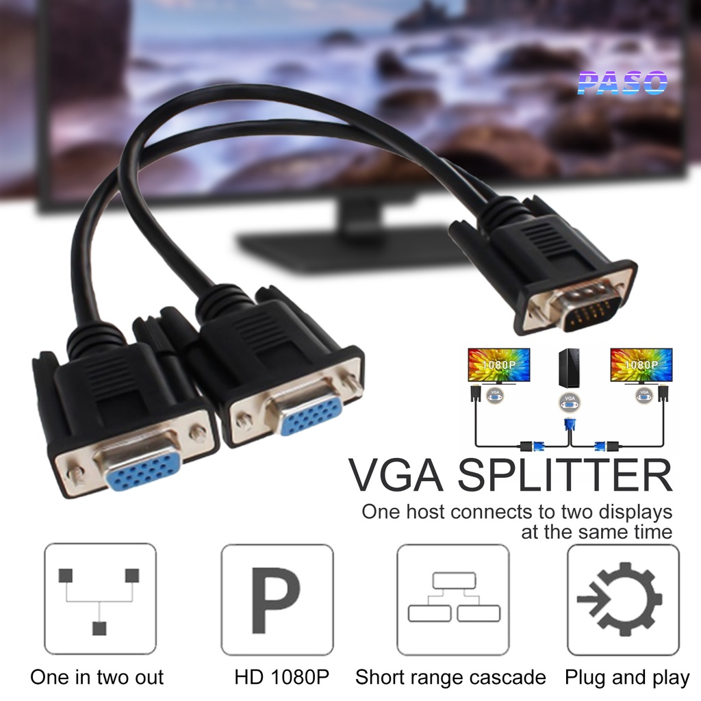 PASO Mini 1 Computer to Dual 2 Monitor Adapter Male to Female VGA Splitter Cable for Laptop Desktop PC