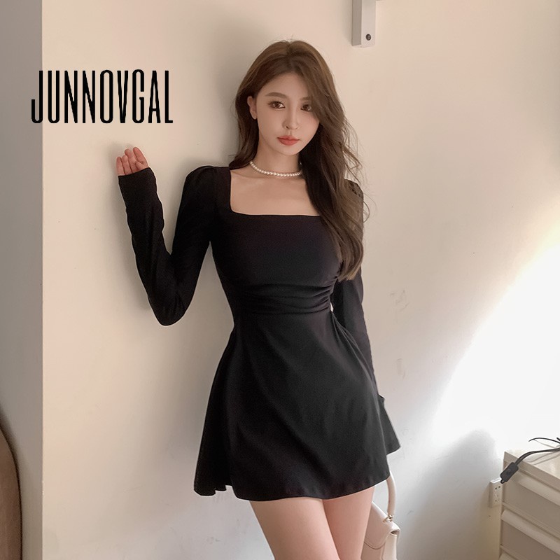 JUNNOVGAL Women Mini Dress Square Neck Low Cut 2024 Fashion New Style Slim Fit Solid Color Long Sleeve