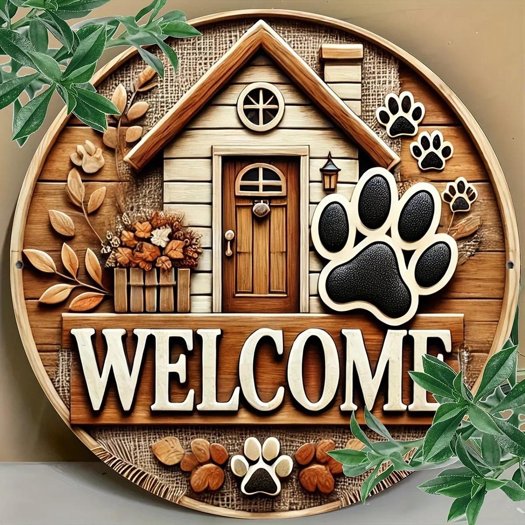 Charming 8x8 Inch Round Iron Welcome Sign Featuring a Cute Puppy Paw ...