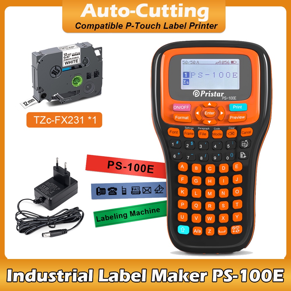 Portable Handheld Label Printer PS100E with TZeFX231 12mm Label Tape