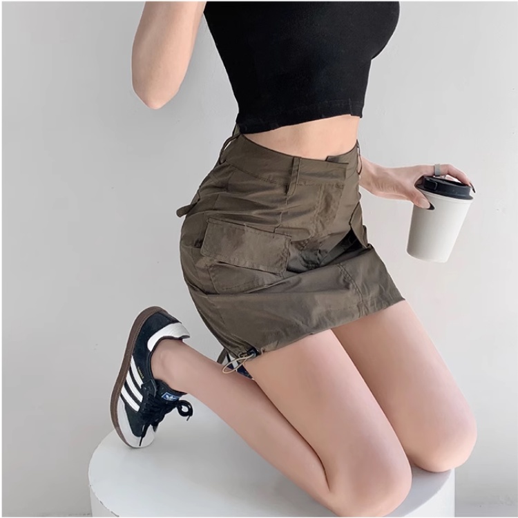 BH American women vintage cargo skirt side pocket pull rope A line bag ...