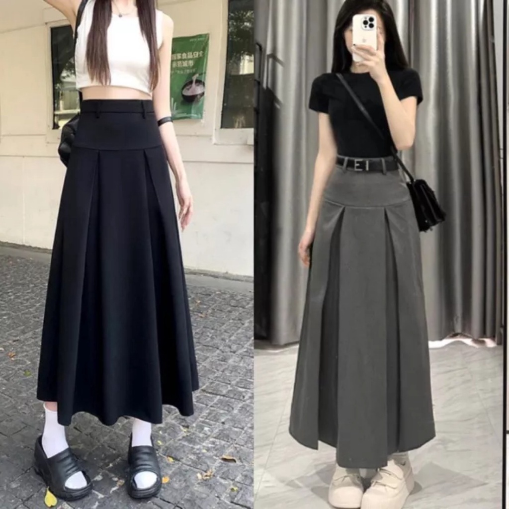{PRE-ORDER} Korea Wide Pleats Leather Skirt (IVORY)