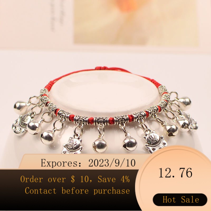 NEW Retro Red Rope Bell Lucky Cat Anklet Female Ethnic Style Dance ...