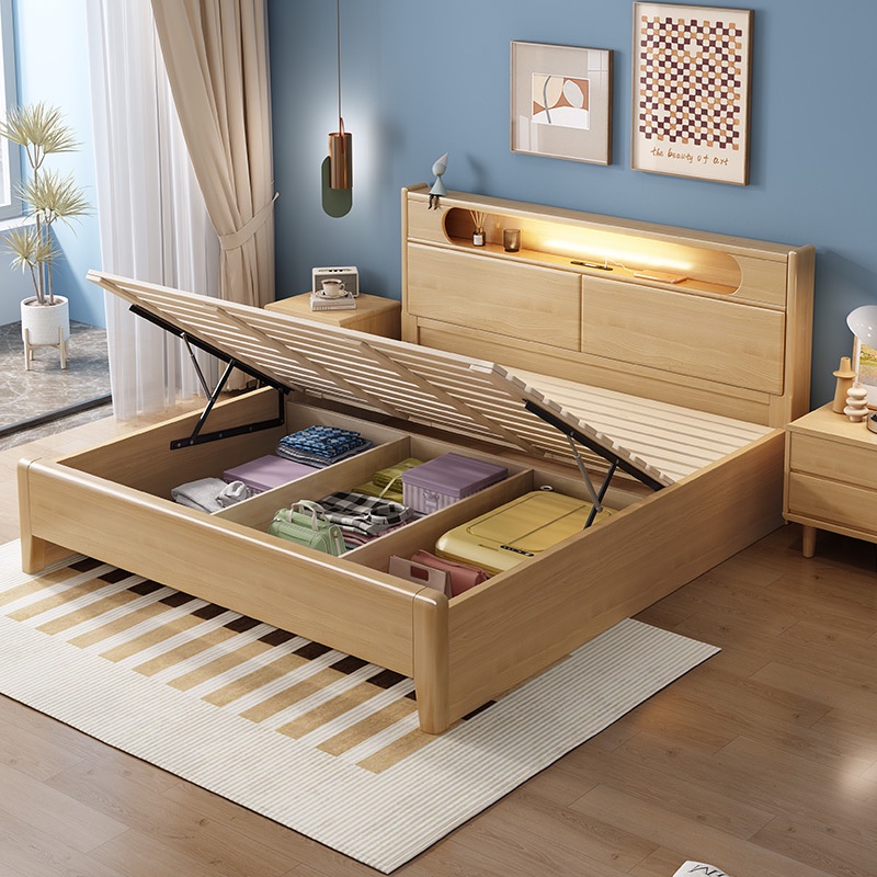 {SG Sales}Nordic Solid Wood Bed Double Bed with Light HDB Storage Bed