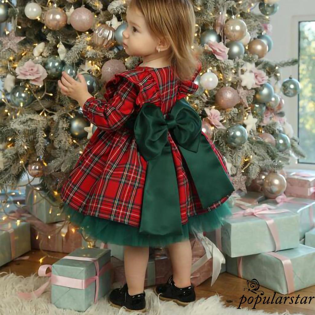 Popu Newborn Baby Girls Christmas Dress Long Sleeve Plaid Fly