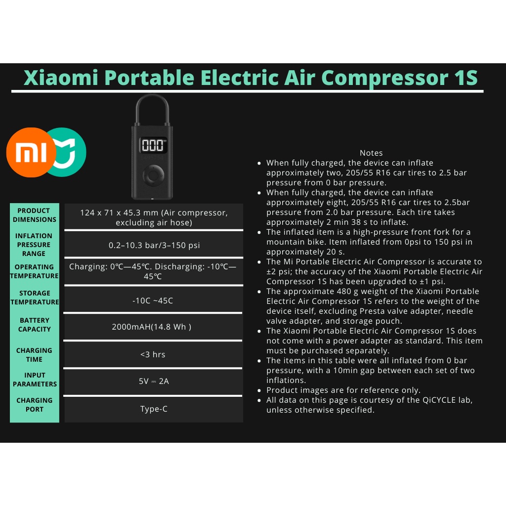 Xiaomi Mijia Portable Electric Air Pump 1S Tire Inflator Multipurpose ...