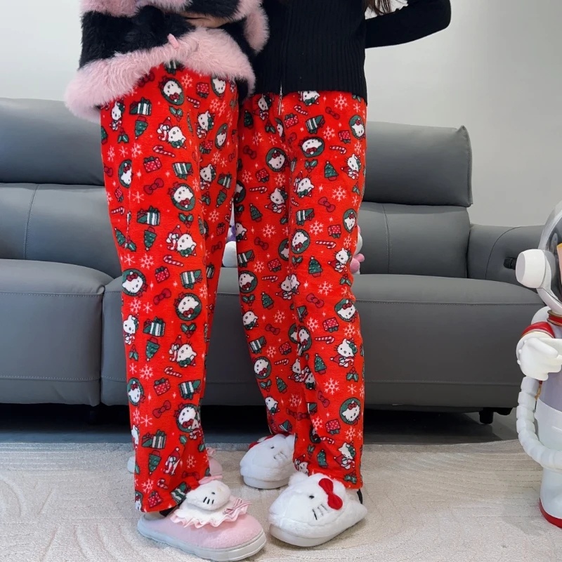 Hello Kitty Christmas Trousers Winter Women Korean Fashion Cartoon Cute Pajama  Pants Women Fleece-lined Warm Flange Sweat Pants