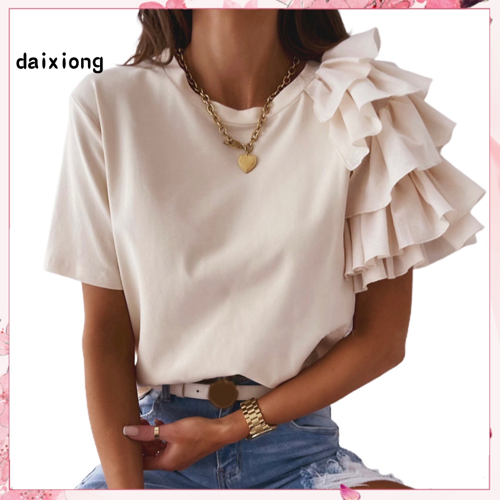 COD> Fashion Women Blouse Solid Color Layered Ruffle Short Sleeve  Asymmetric Loose T-shirt Top for Summer