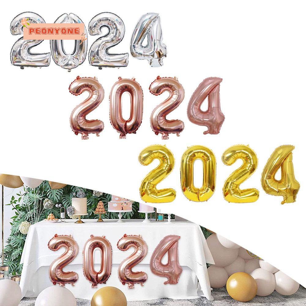 PEONYTWO Year 2024, Rose Gold Silver Happy Year Number Foil Balloons ...