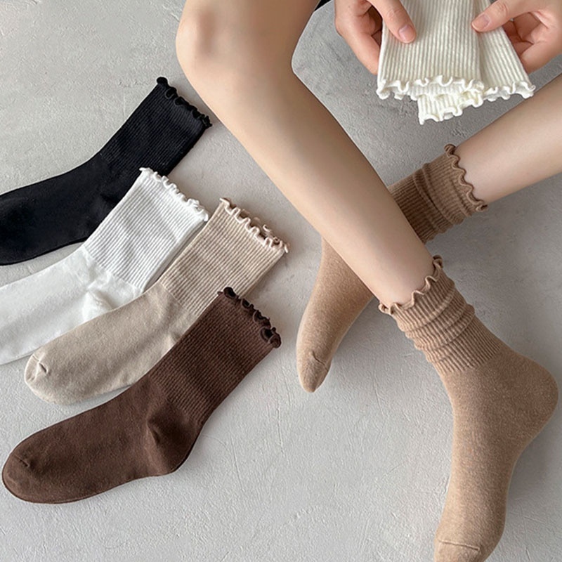5 Pairs Women Casual Pure Color Mid Heel Cotton Socks main image 0