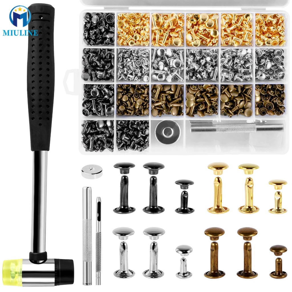 604Pcs Leather Rivets Kit Metal Multicolor Double Cap Rivets Set with Rubber Hammer for DIY