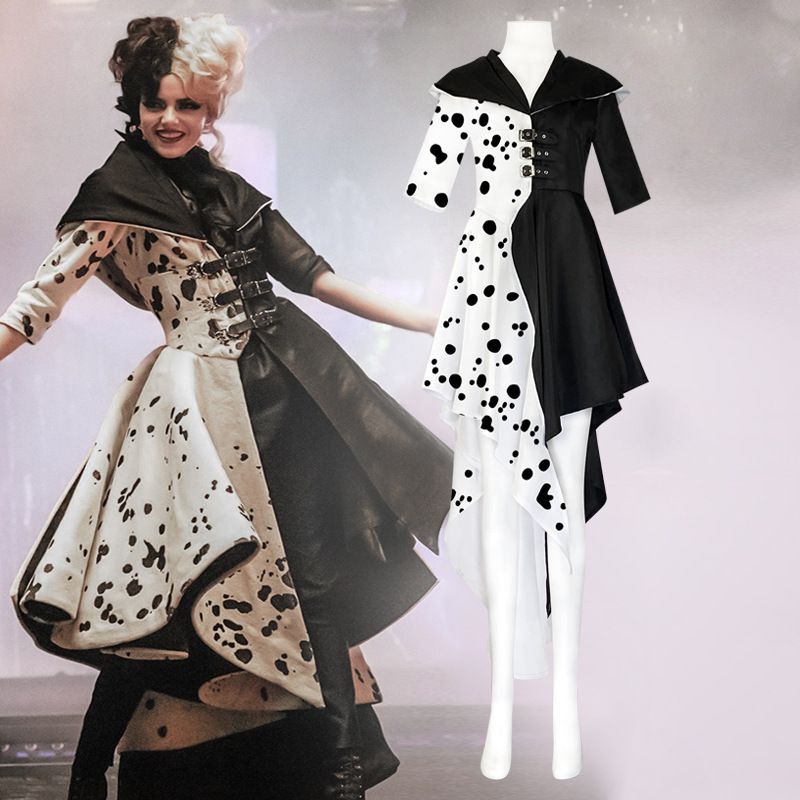 Cruella De Vil Cosplay Costume Gown Black White Polka Dot Maid Dress  Performance Adult Women Hallowen Costume