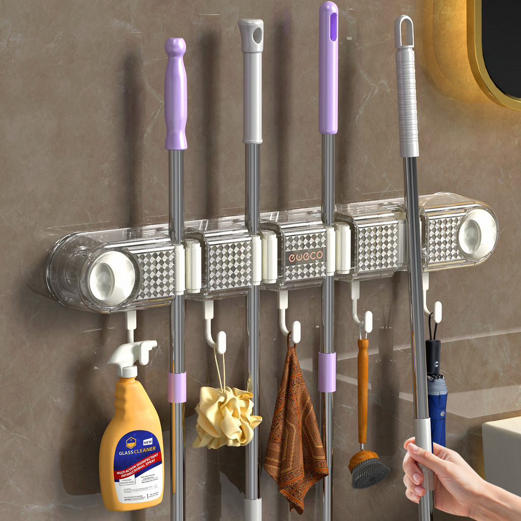 Suction Cup Mop Holder with Hook, No-Drill Removable Hook Broom Rack ...