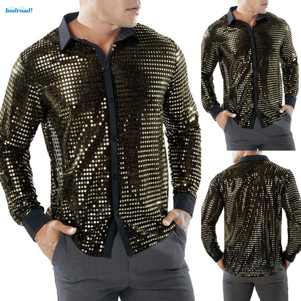 【HODRD】Retro 70s Disco Nightclub Sparkly Sequins Dance Shirt Long ...