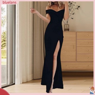 Sexy plain slim off deals shoulder fork evening dress