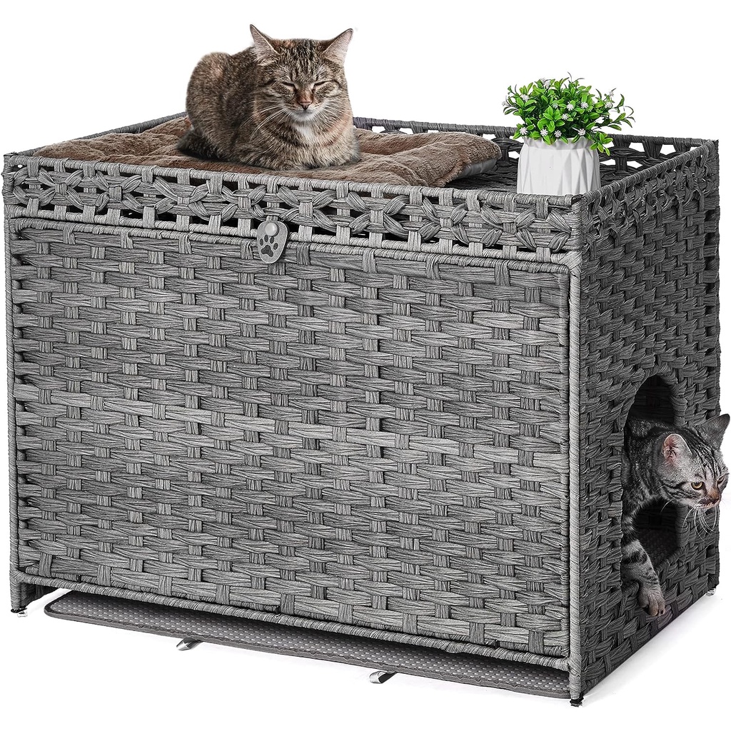 Cat Litter Box Enclosure with Soft Litter Mat; Hidden Cat Washroom Furniture with Door