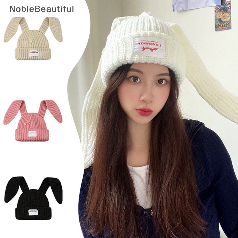 NobleBeautiful Beanie Long Ear Hat Crochet Knitted Hat Cute Bunny Hat Rabbit Ears Hats For Women Winter Warm Hats Warm Caps SG Shopee Singapore