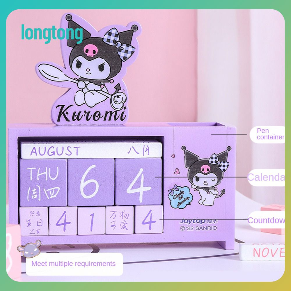 LongTong Sanrio Cute Desktop Calendar Wooden Set Cinnamoroll Kuromi Ornaments Countdown Desk