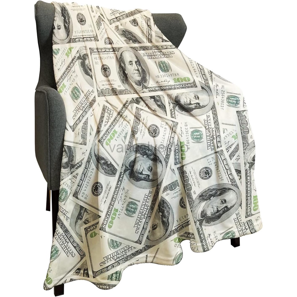 Money Throw Blanket, 100 Dollar Bill Pattern Print Fleece Blankets