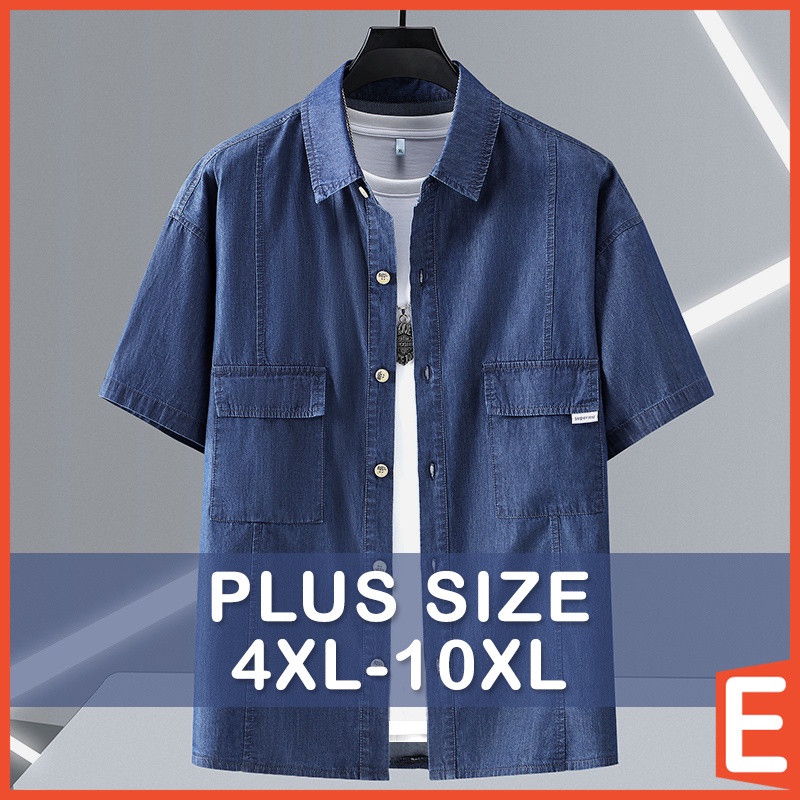 [4XL-10XL] Plus Size Denim Shirt Men Casual Loose Collar Short Sleeve ...