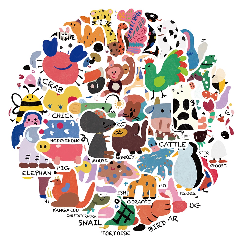50PCS Cute Cartoon Hand Drawn Animal English Name Waterproof graffiti ...
