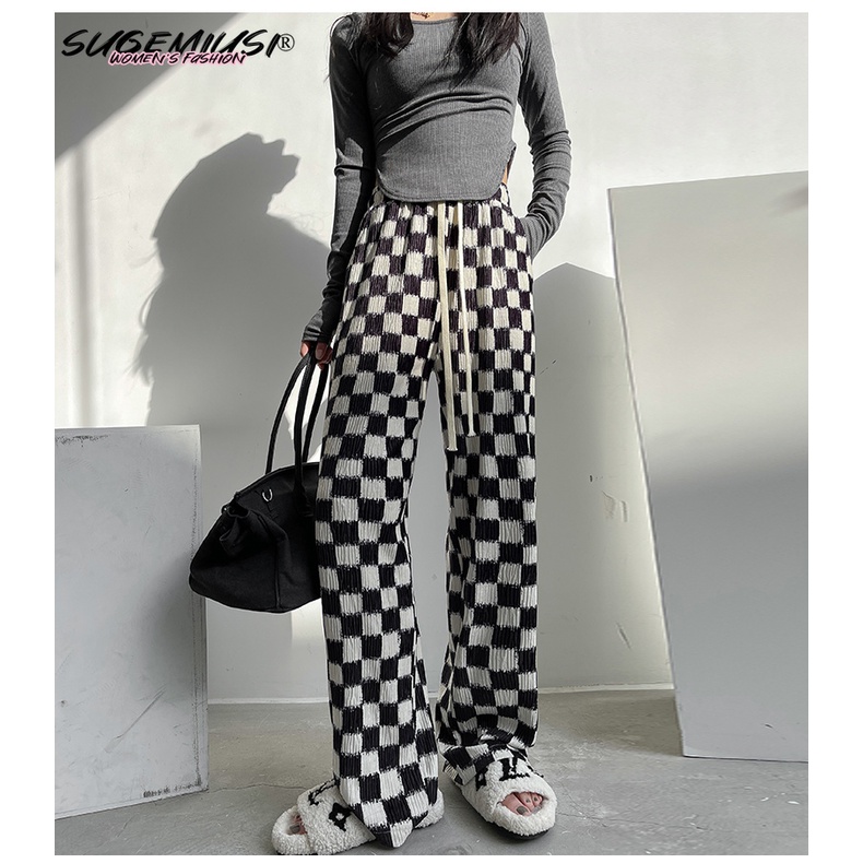 Checkered pants womens on sale black and white