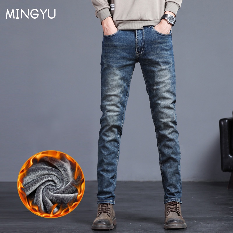 Winter Fleece Warm Men's Jeans Vintage Blue Cotton Classic Slim Skinny