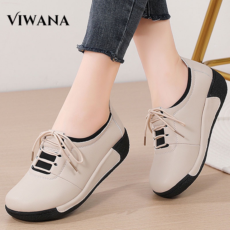 Women Wedges Shoes 4cm Platform Heel Leather Casual Walking Shoes