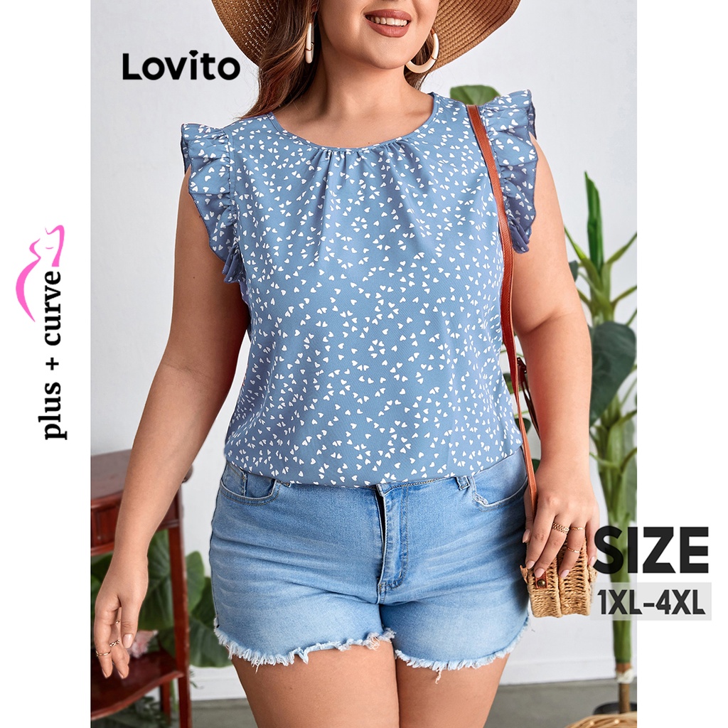 Lovito Plus Size Curve Casual Ditsy Floral Ruffle Plicated Blouse For Women Lbe03082 Blue