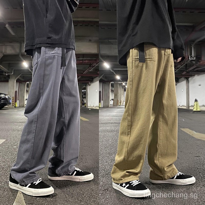 【In stock】loose pants cotton pants cargo pants men wide leg pants long ...