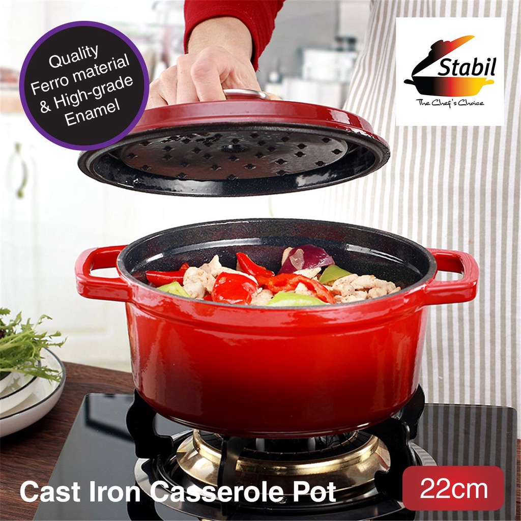 Stabil CIP-1522R 22cm Cast Iron Pot with Enameled Interior Dutch Oven ...