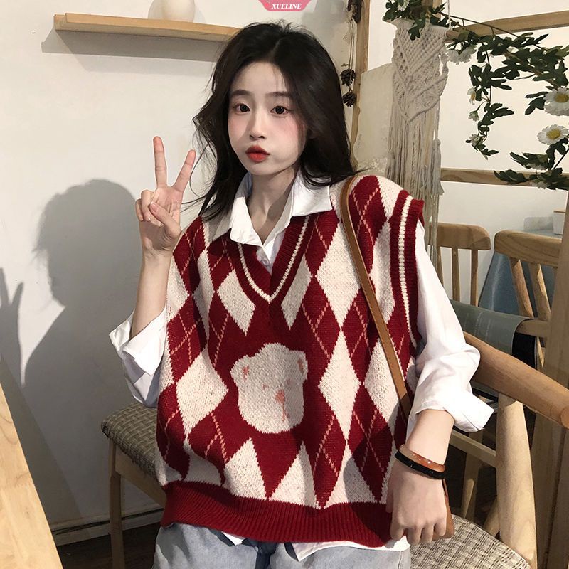 Sweet Cute Red Christmas colours Women Sweater Vest Sleeveless Loose  Oversized Knitwears 2023 New Y2K Korean Style Knit Vest [WOW]