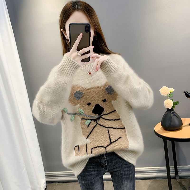 Lazy Style Top Outer Wear Cartoon Bear Pullover Knitted Soft Waxy ...
