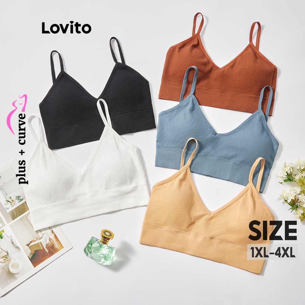 Lovito Plus Size Curve Casual Plain Spaghetti Strap Sports Bras for Women  LPS09080 (Apricot/Brown/White/Blue/Black)