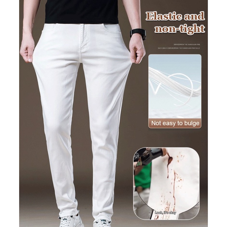 Men's highend Tencel jeans slim fit long pants white thin stretch jeans