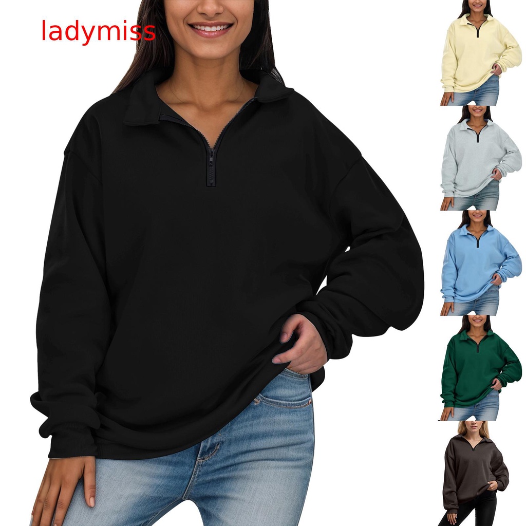 【lady】 Womens Oversized Half Zip Pullover Long Sleeve Sweatshirt