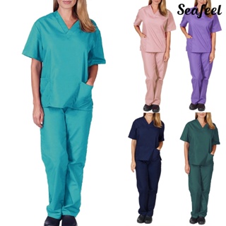 Unisex Solid Color Short Sleeve V Neck Nursing Suit Set For Women